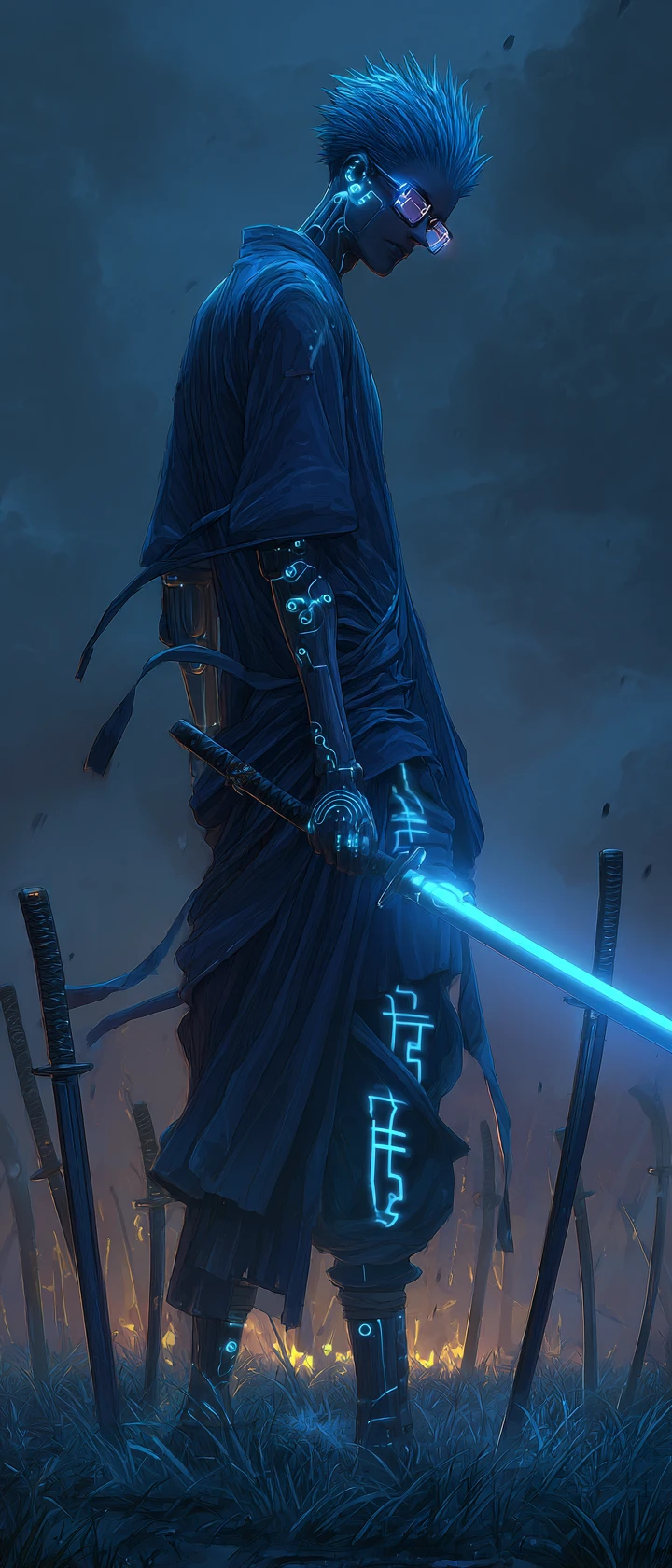 Cyberpunk warrior with glowing runes in neon city night