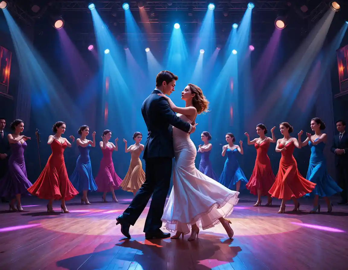 Tango couple performing on a vibrant theater stage