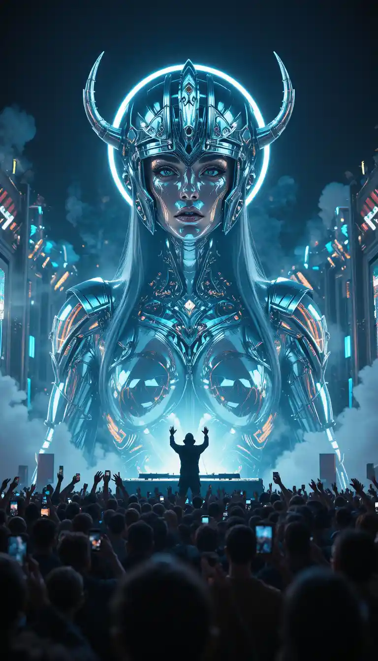 Cyber Valkyrie avatar towering over an EDM festival crowd