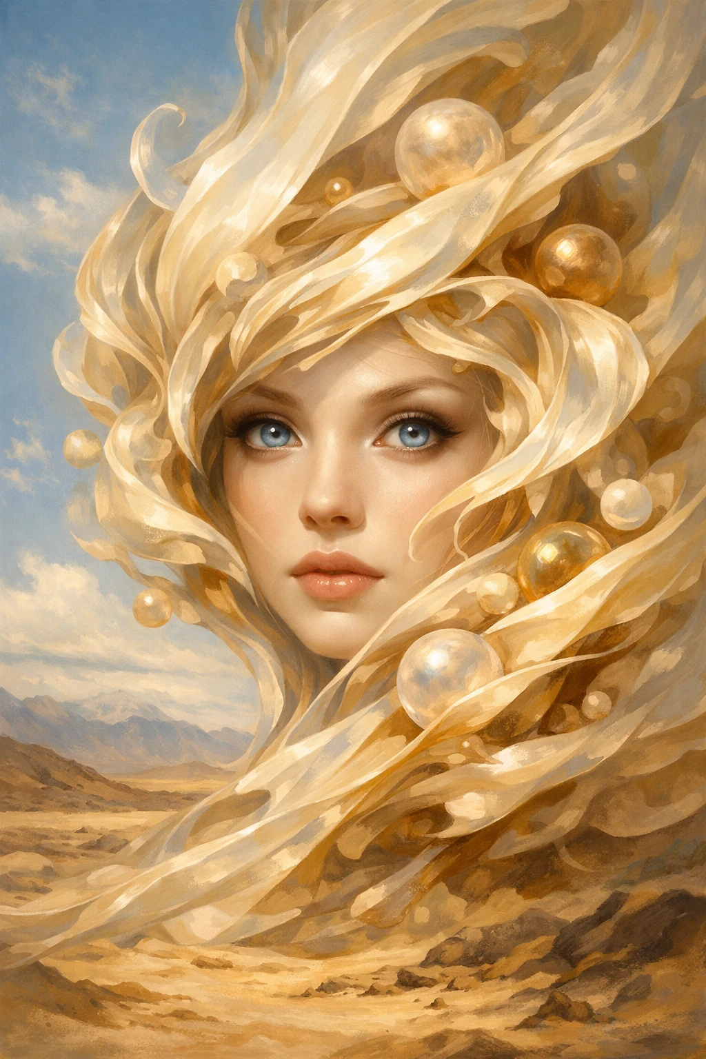 Surreal female face woven with flowing golden abstract forms