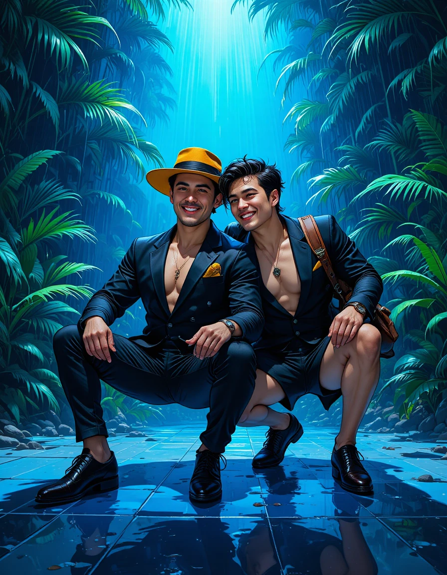 Two joyful friends in tropical rain jungle adventure