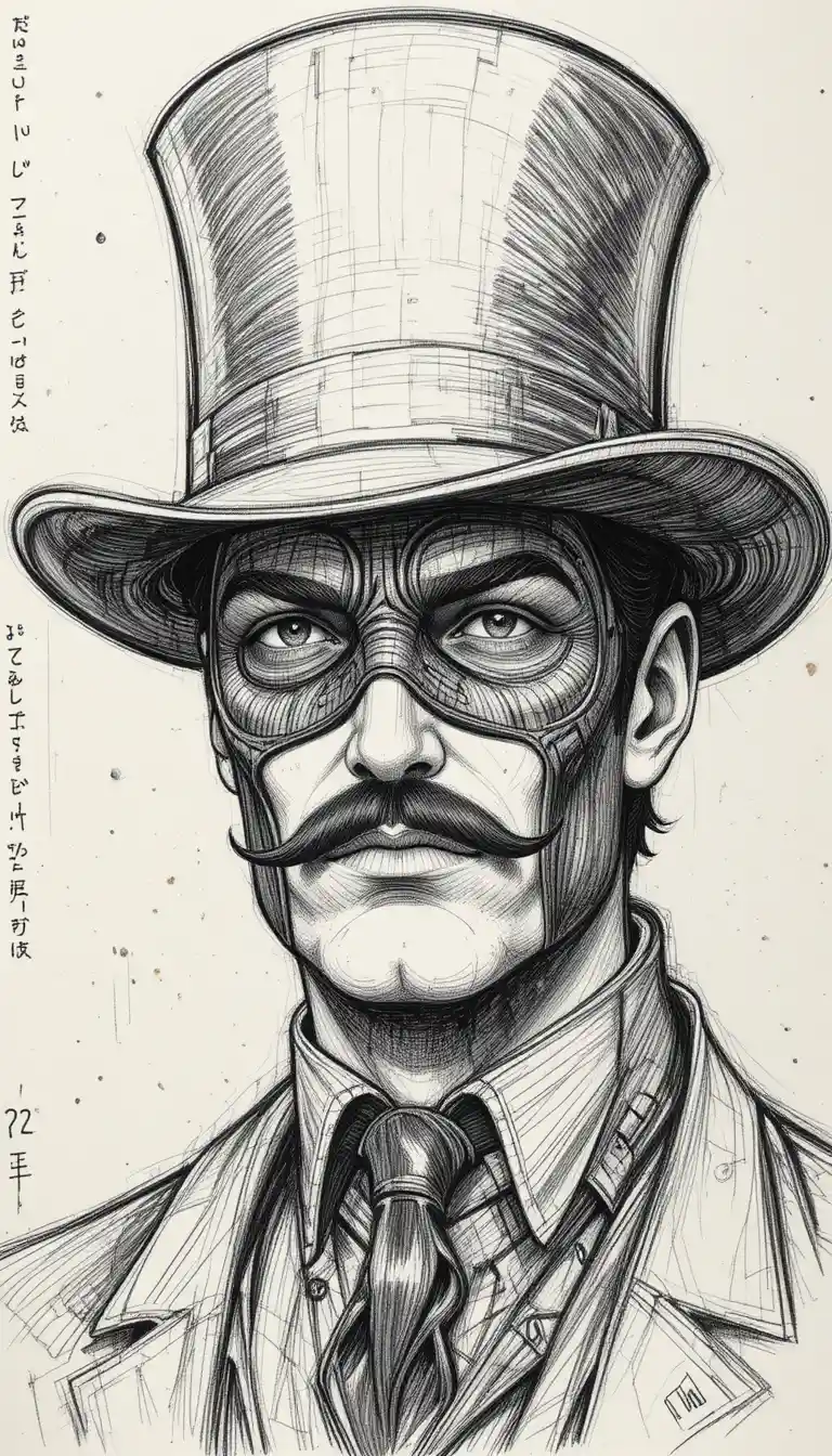 Pencil portrait of a masked man in a top hat