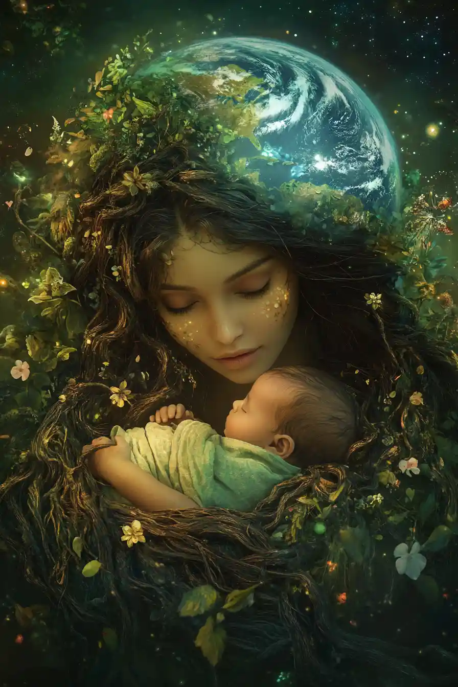 Earth goddess cradling a newborn amid living forests
