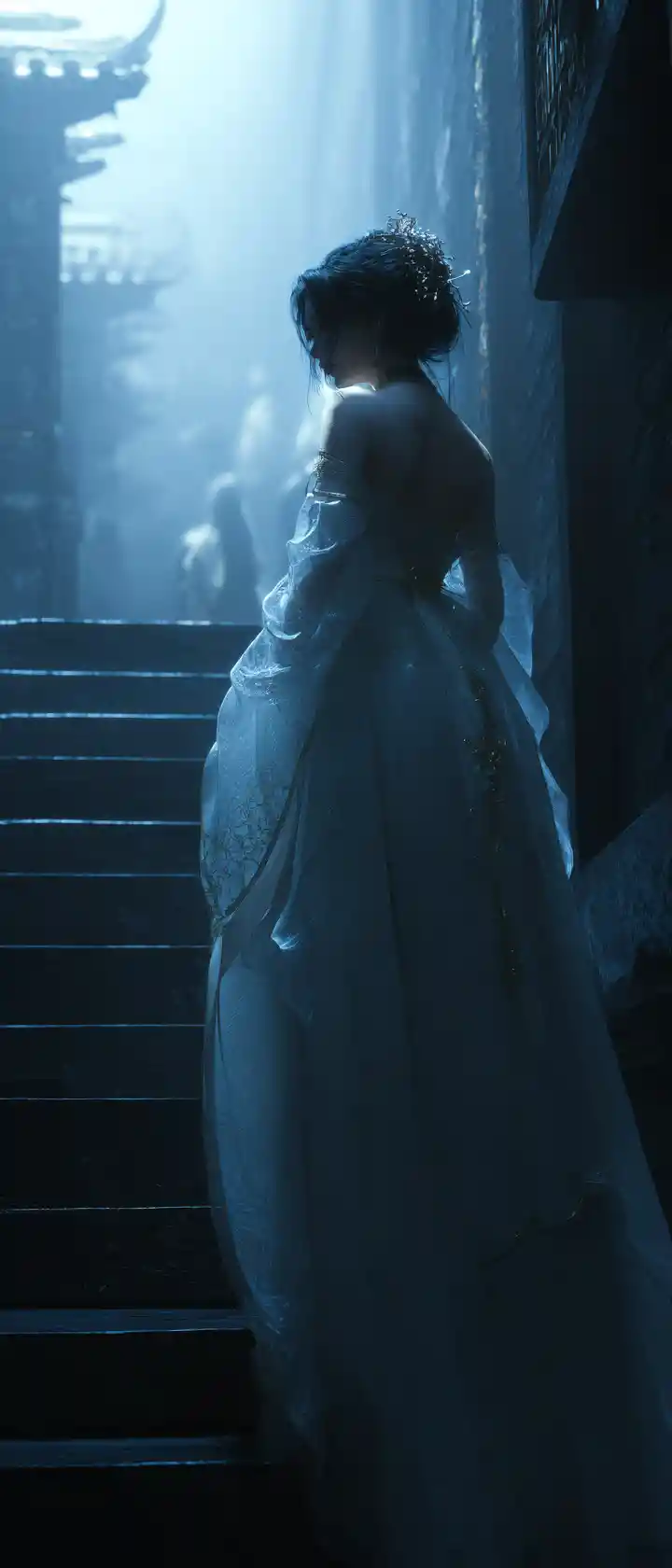 Ethereal royal woman descending stairs into dark alley