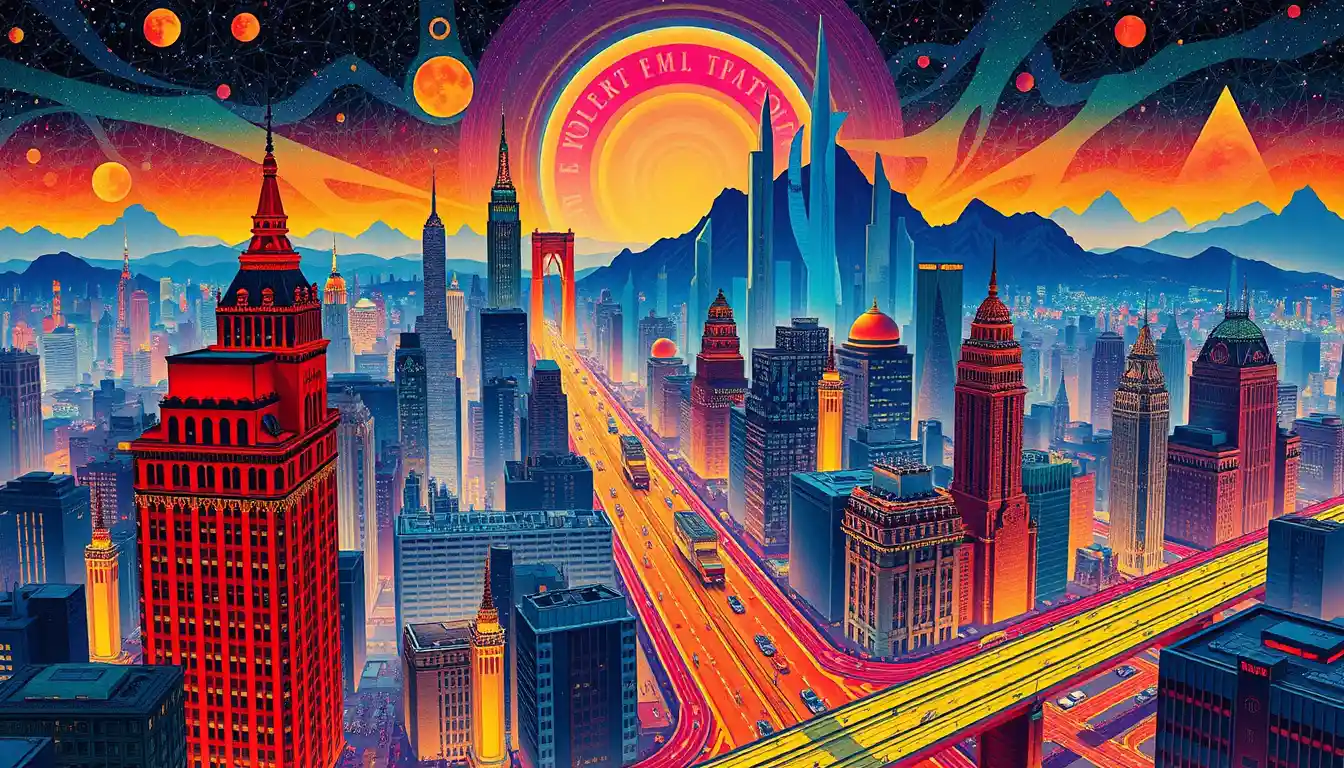 Psychedelische Art-déco-Stadtsilhouette aus fließender urbaner Geometrie
