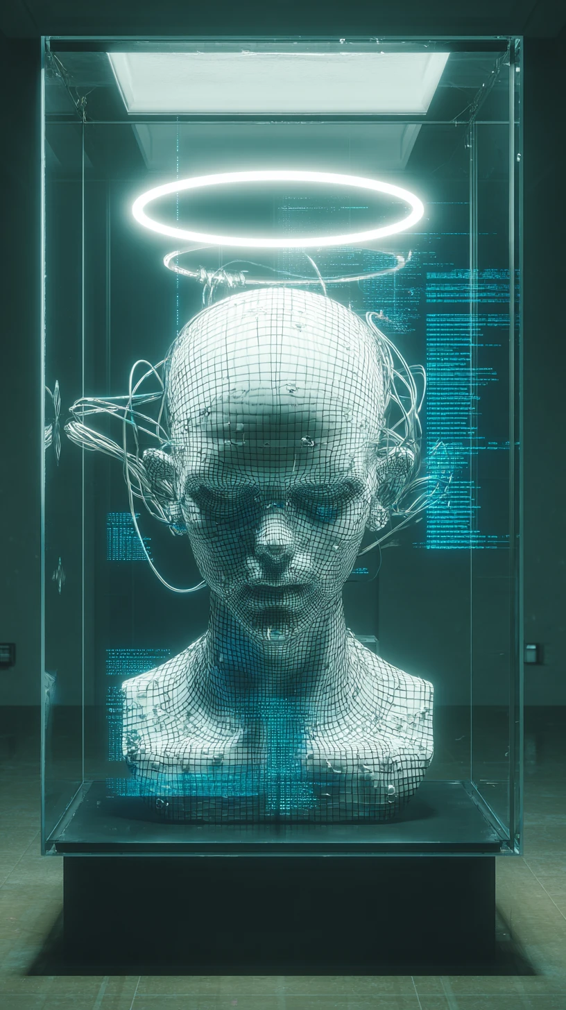 Cyberpunk holographic child bust in glass museum display