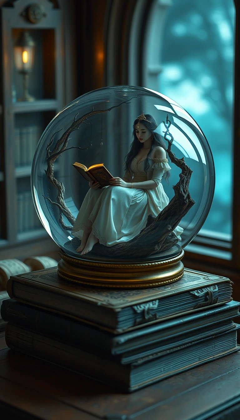 Donna mistica che legge in una palla di neve su vecchi libri