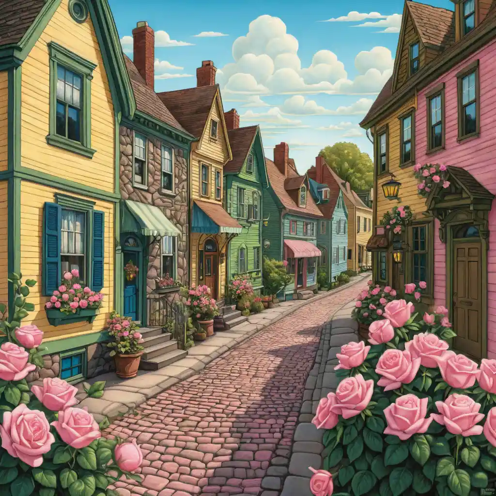 Small town street with roses in colored pencil art