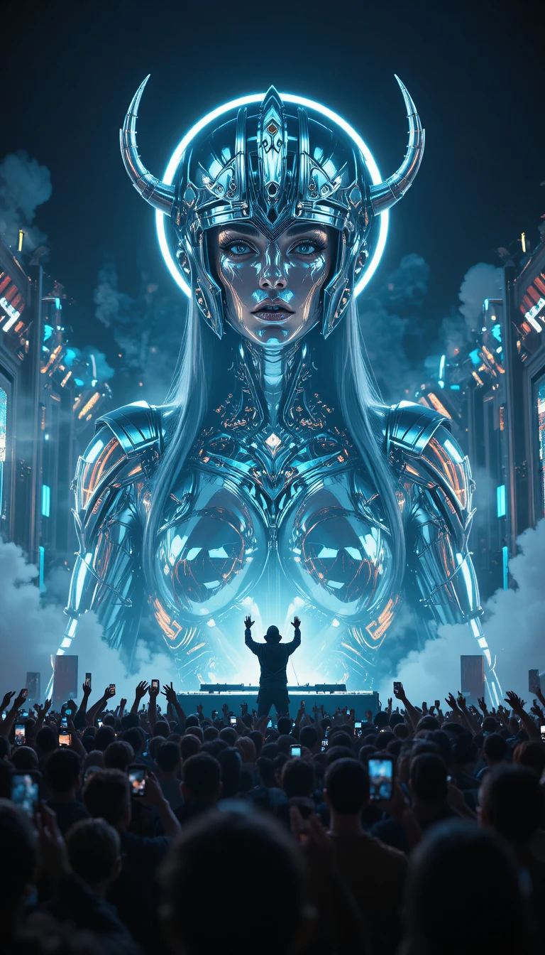 Cyber Valkyrie avatar towering over an EDM festival crowd