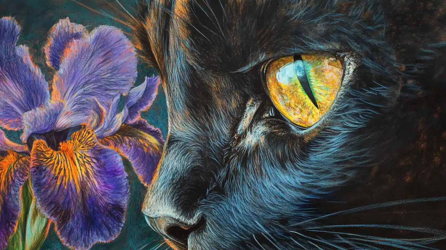Impressionist panther emerging through iris flower screen illusion