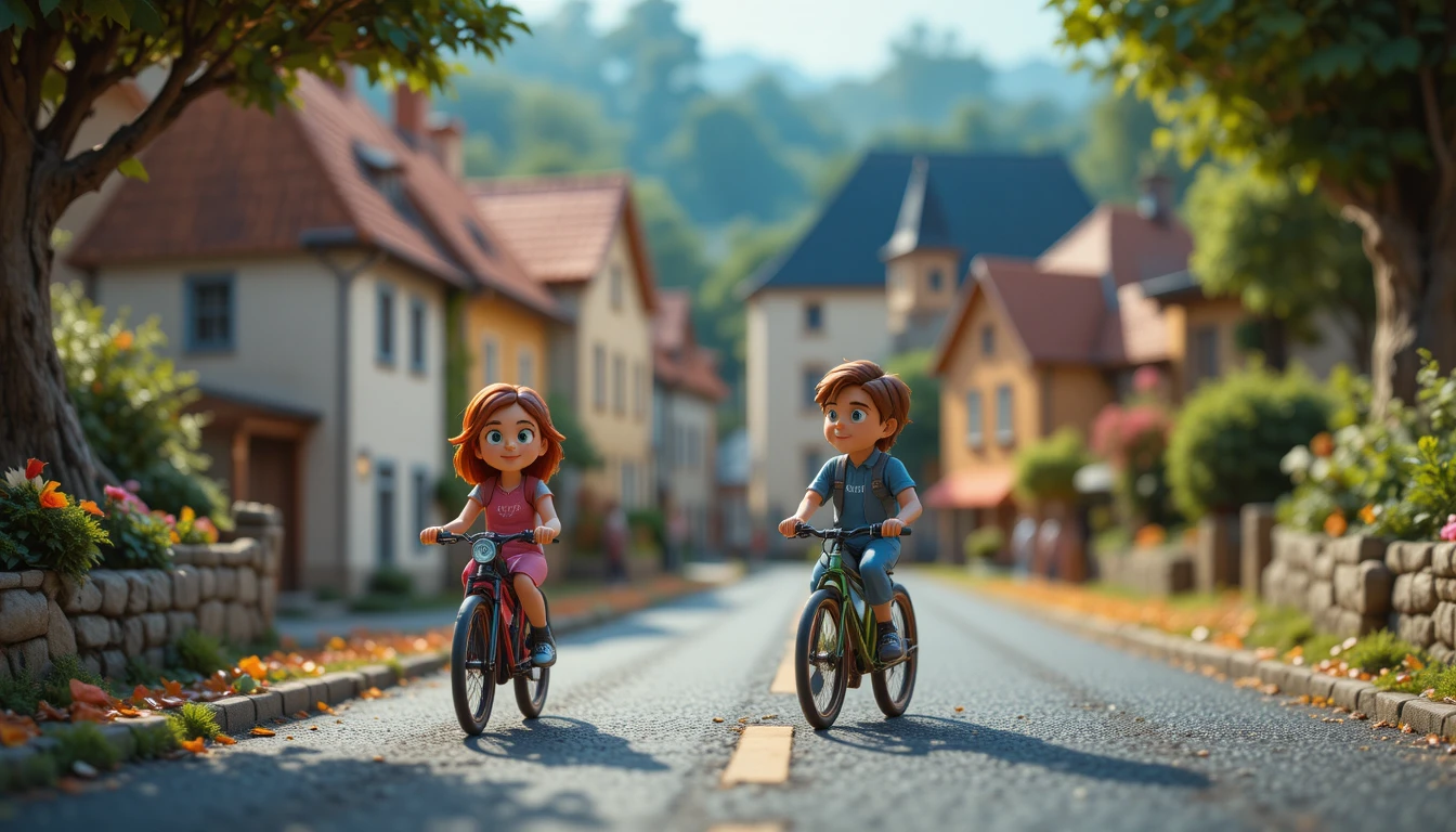 Pixar style clay cyclists racing through a French village