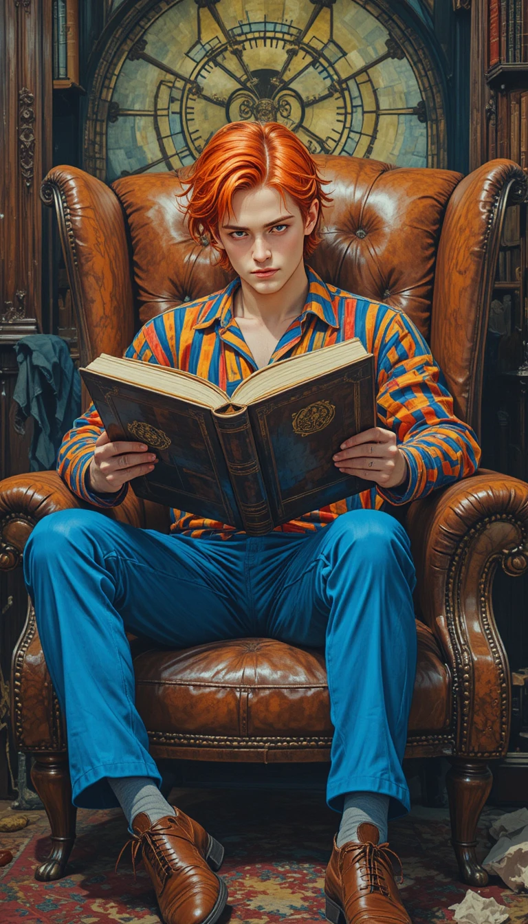 Whimsical red haired young man reading in oversized armchair