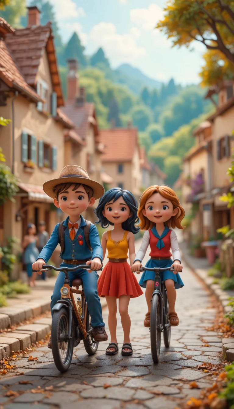 Playful clay cyclists racing through a French village road