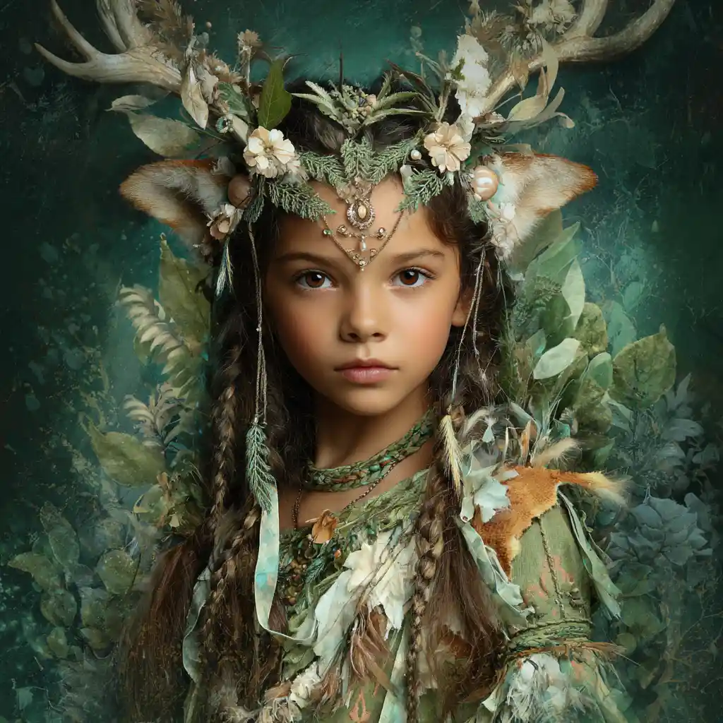 Mystic antlered children in a lush crystal valley