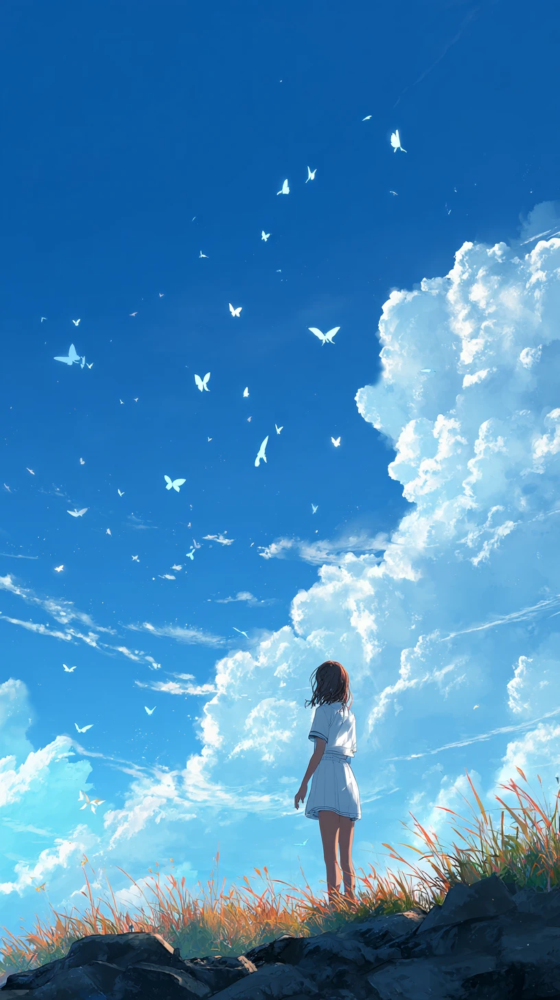 Chica de anime de pie en la cima de una colina brillante de verano