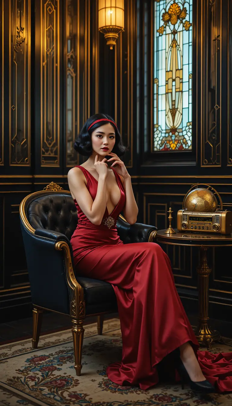 Elegant 1920s woman in a glamorous art deco lounge