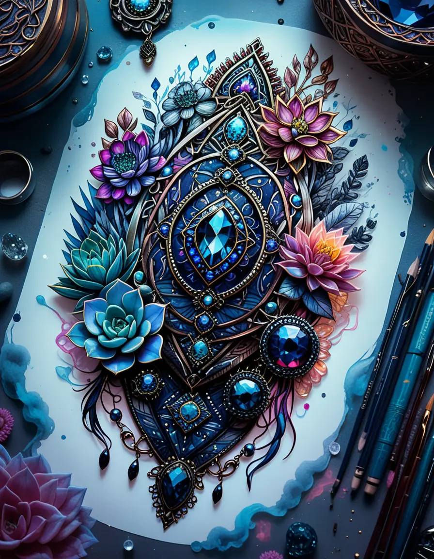 Bohemian goth gemstone and succulent tattoo illustration