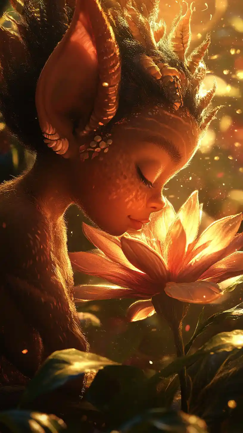 Young troll resting against a bright forest flower