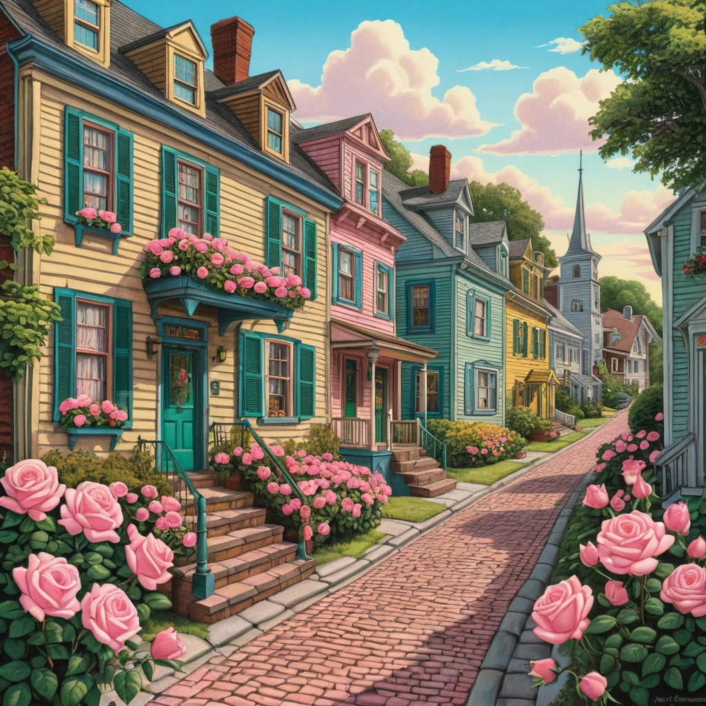 Charming summer town street with roses and blue sky