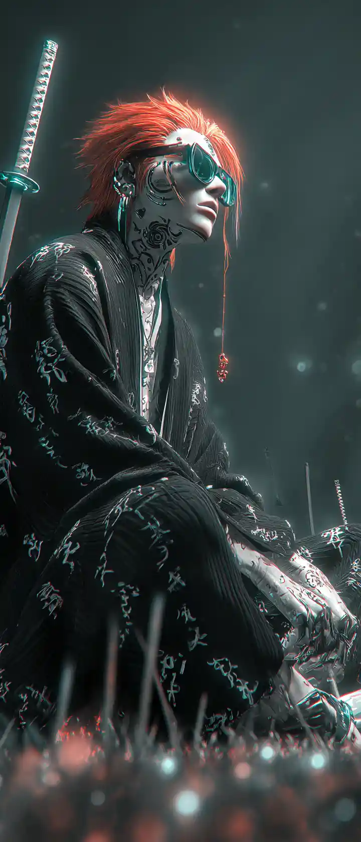 Cyberpunk warrior with glowing runes in neon cityscape