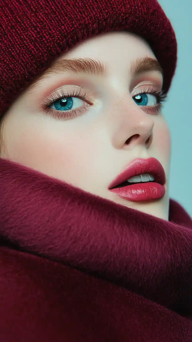 Fantasy woman with turquoise hair and burgundy scarf hat