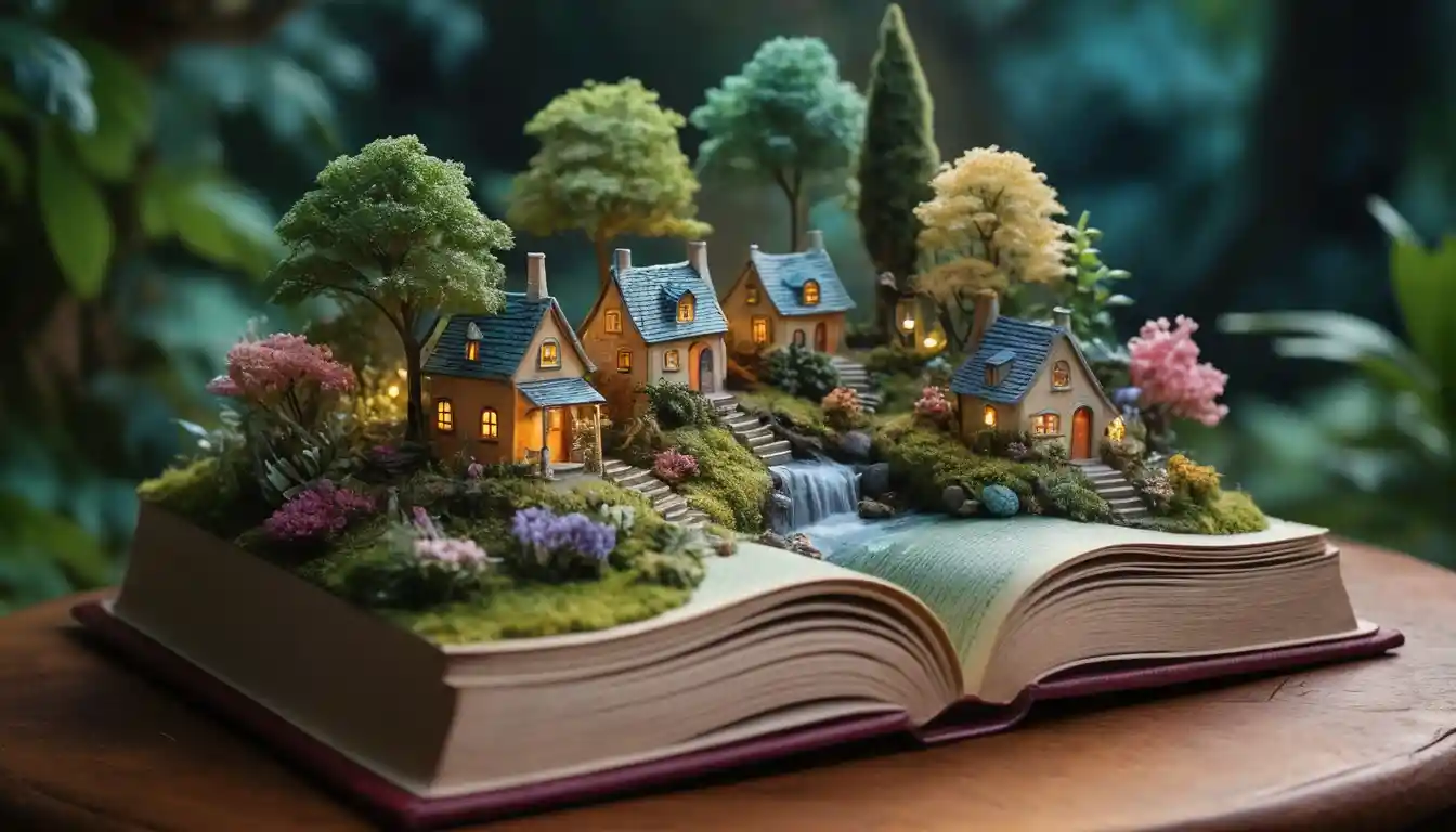Villaggio Fantasy in Miniatura su un Libro Aperto in una Foresta Lussureggiante