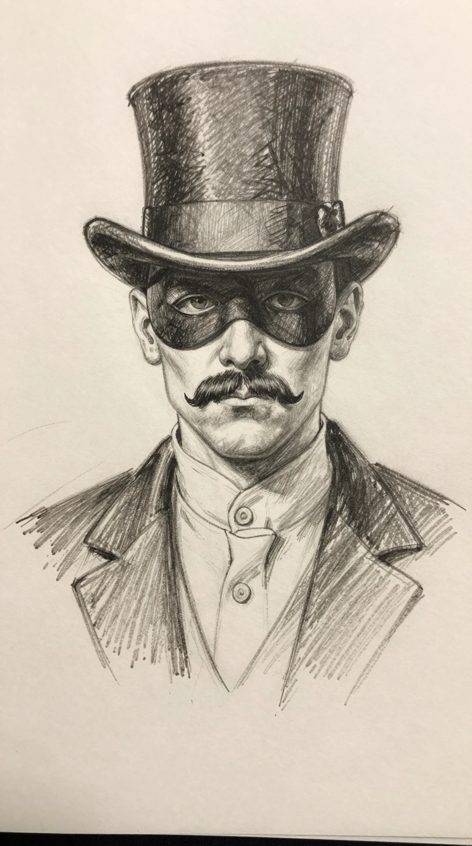 Pencil sketch portrait of a masked man in a top hat