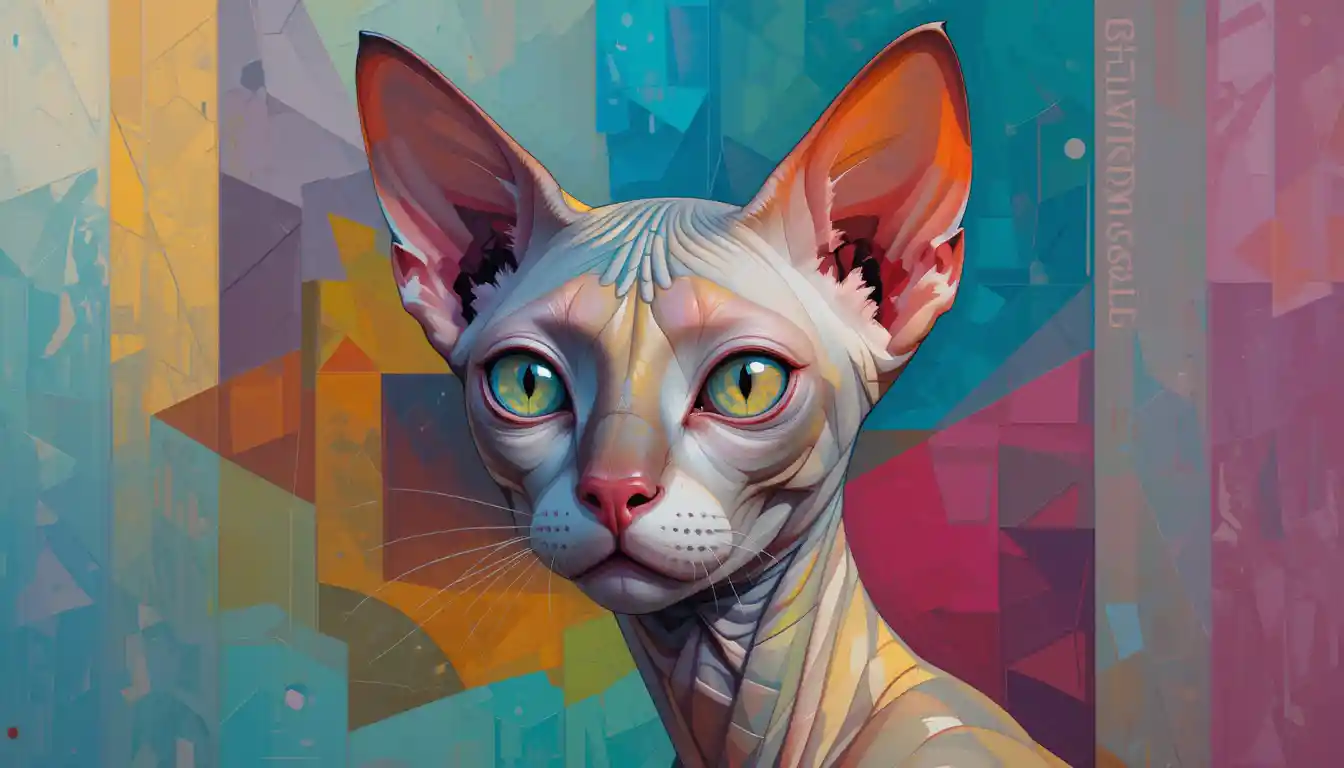 Cubist sphynx cat portrait with fragmented geometric shapes