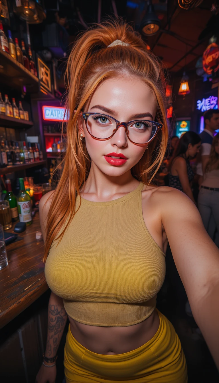 Red lipped girl taking a selfie in neon nightclub