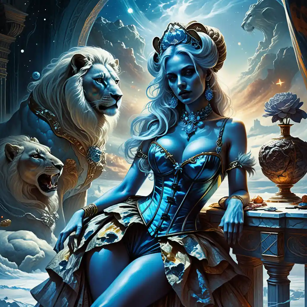 Fantasy courtesan with white lion in ornate boudoir