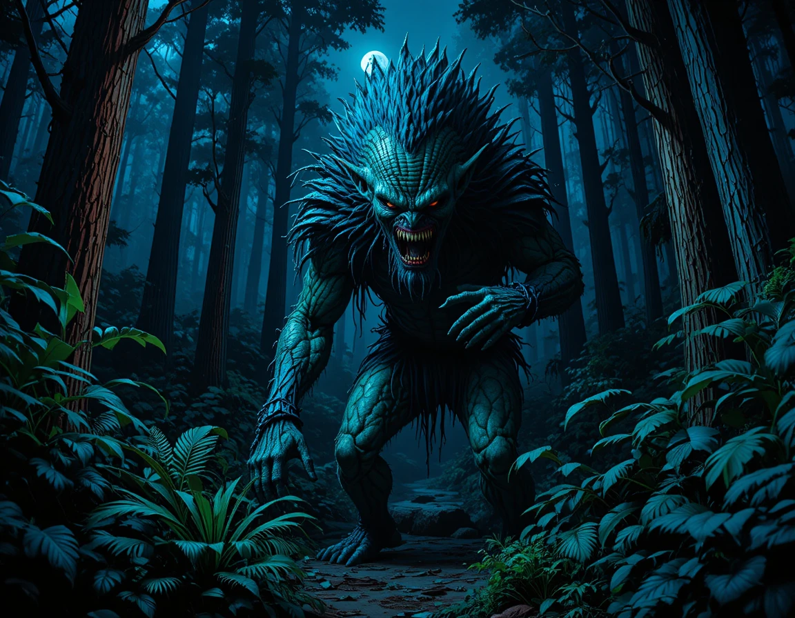 Horned humanoid monster lurking in a dark forest