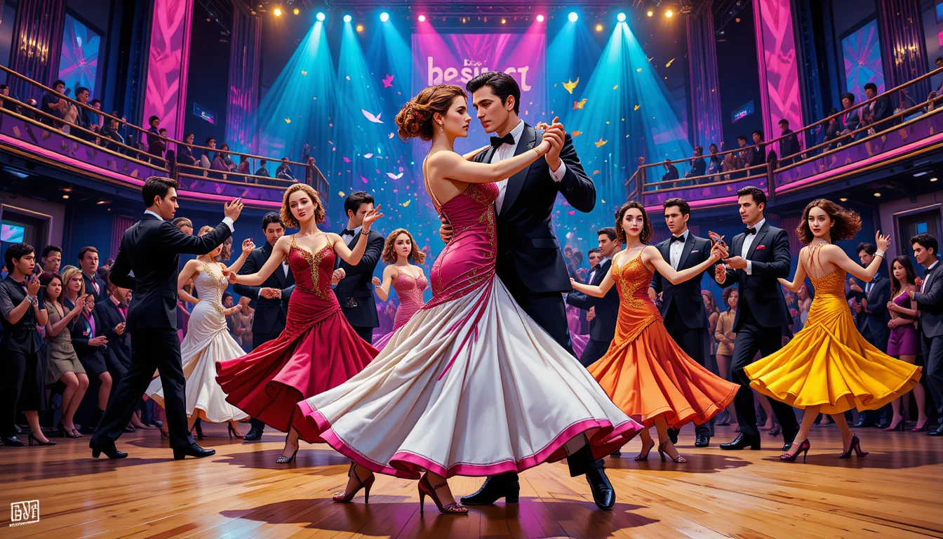 Elegant ballroom tango dancers performing on a vivid stage
