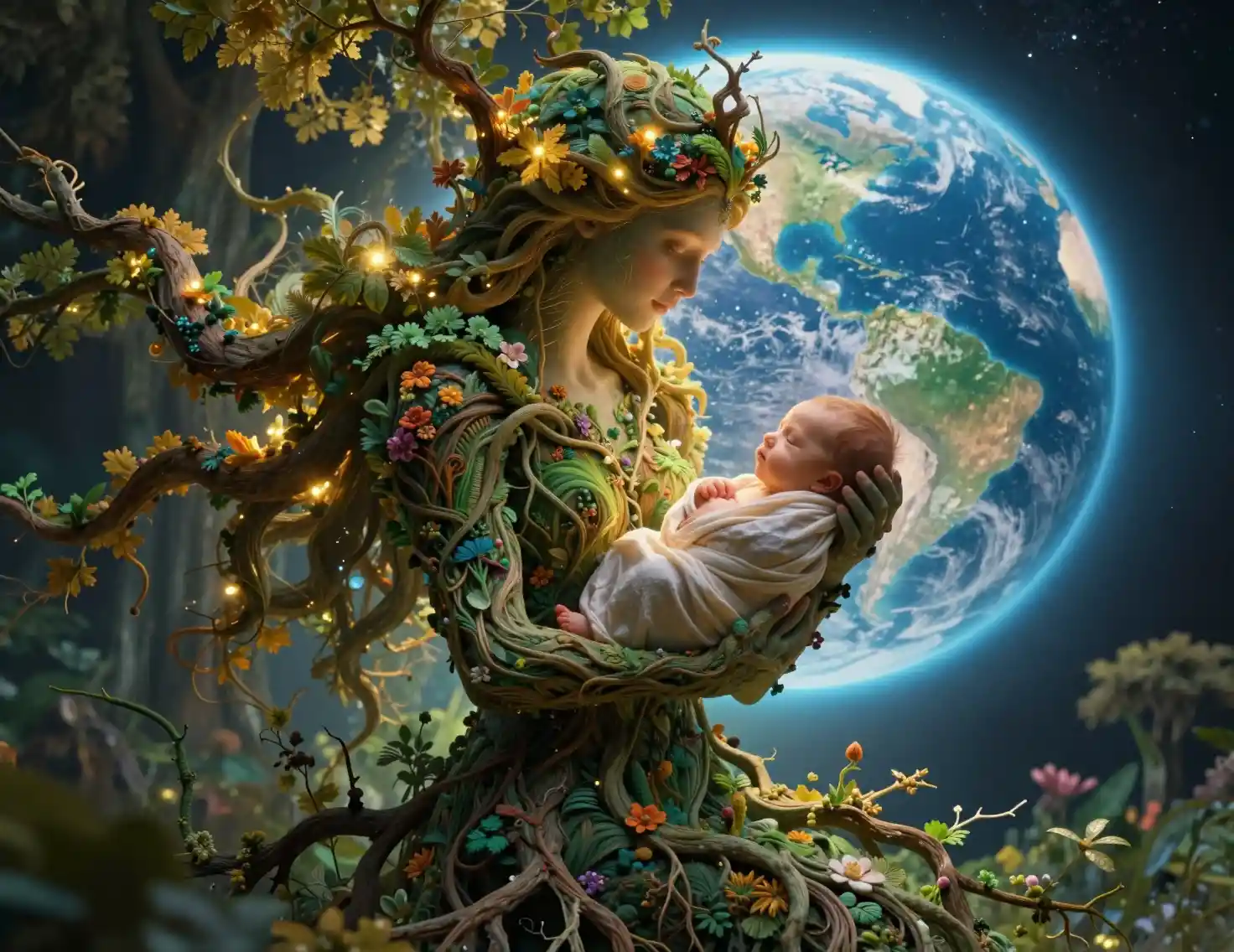 Earth goddess cradling a newborn amid living forests
