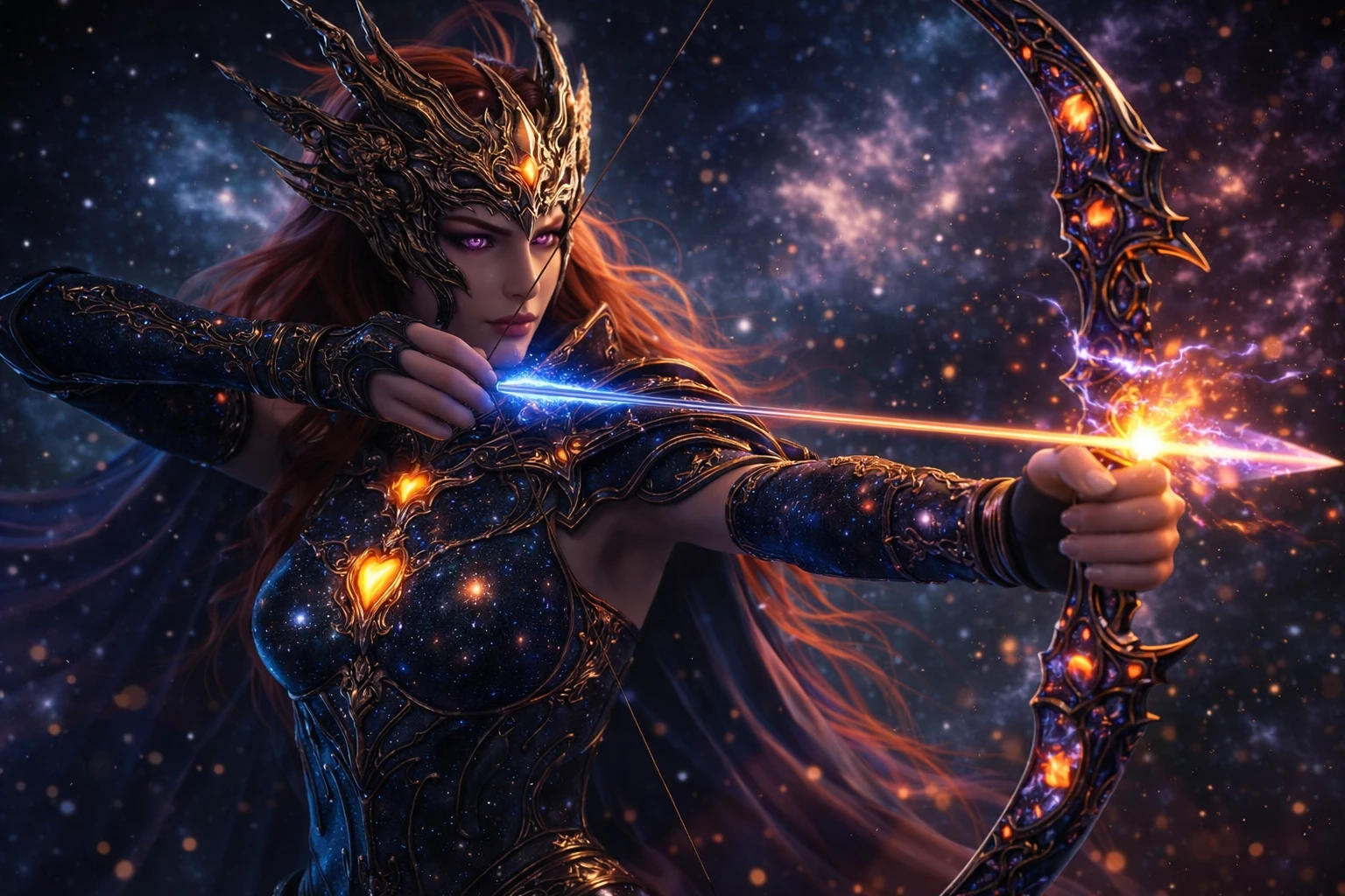 Celestial warrior archer drawing a glowing energy arrow