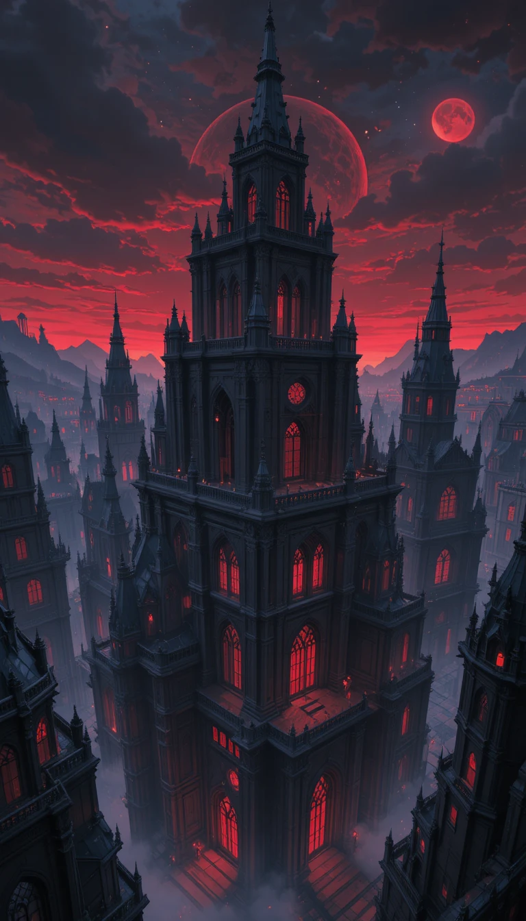 Ominous gothic steampunk city under a red anime sky