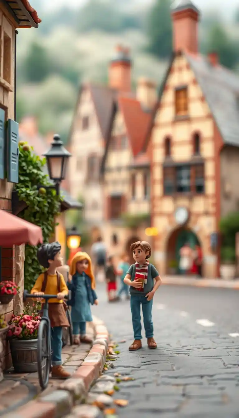Pixar style clay cyclists racing through a French village