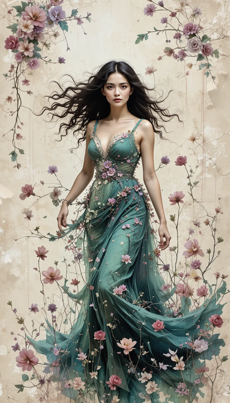 Ritratto in collage floreale di una donna con lunghi capelli ricci
