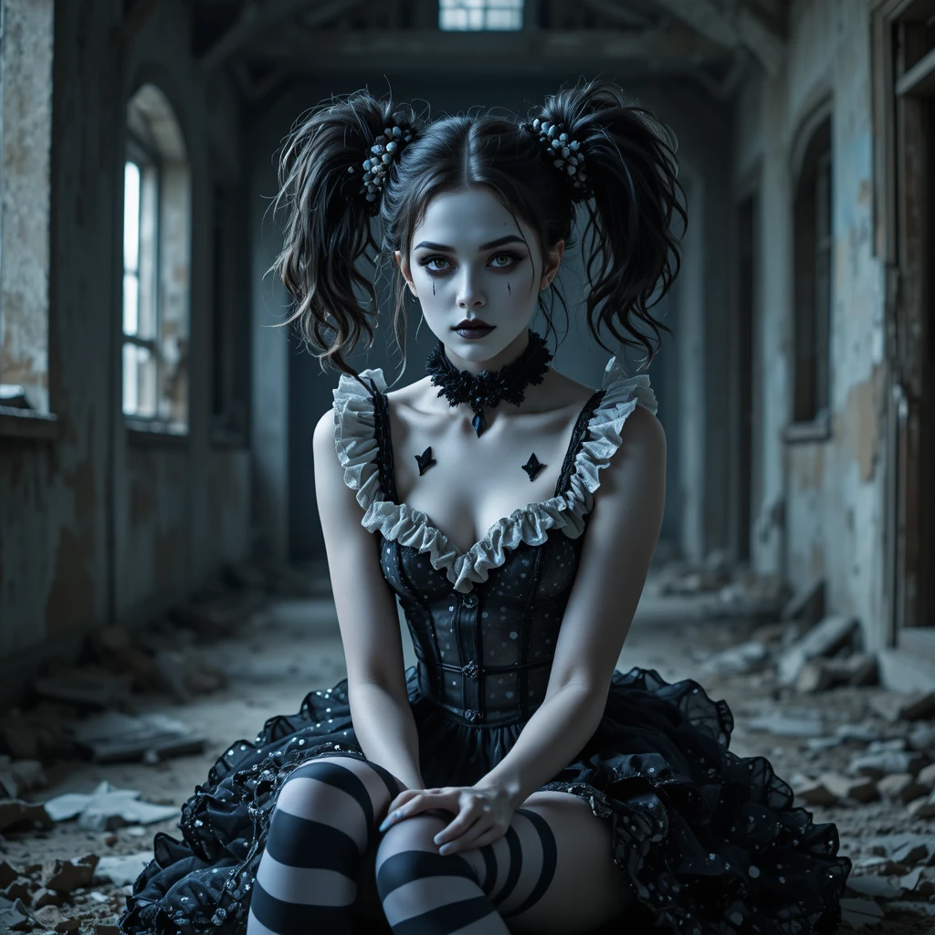Gothic harlequin woman in a derelict abandoned room