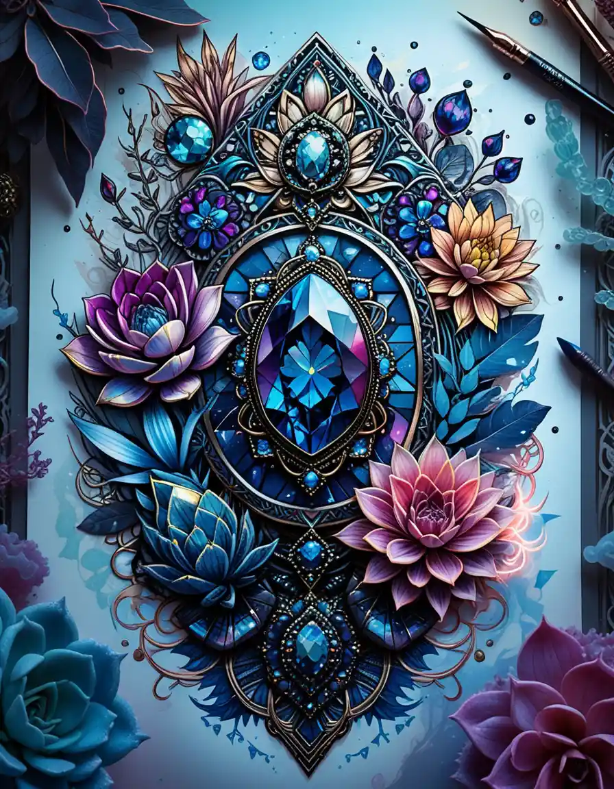 Mystical gemstone jewelry with neon crystal succulents illustration