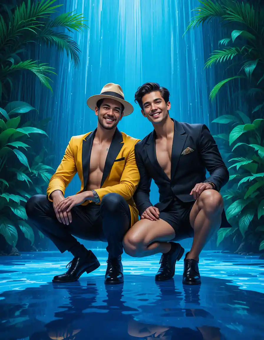 Two joyful friends in a tropical jungle downpour