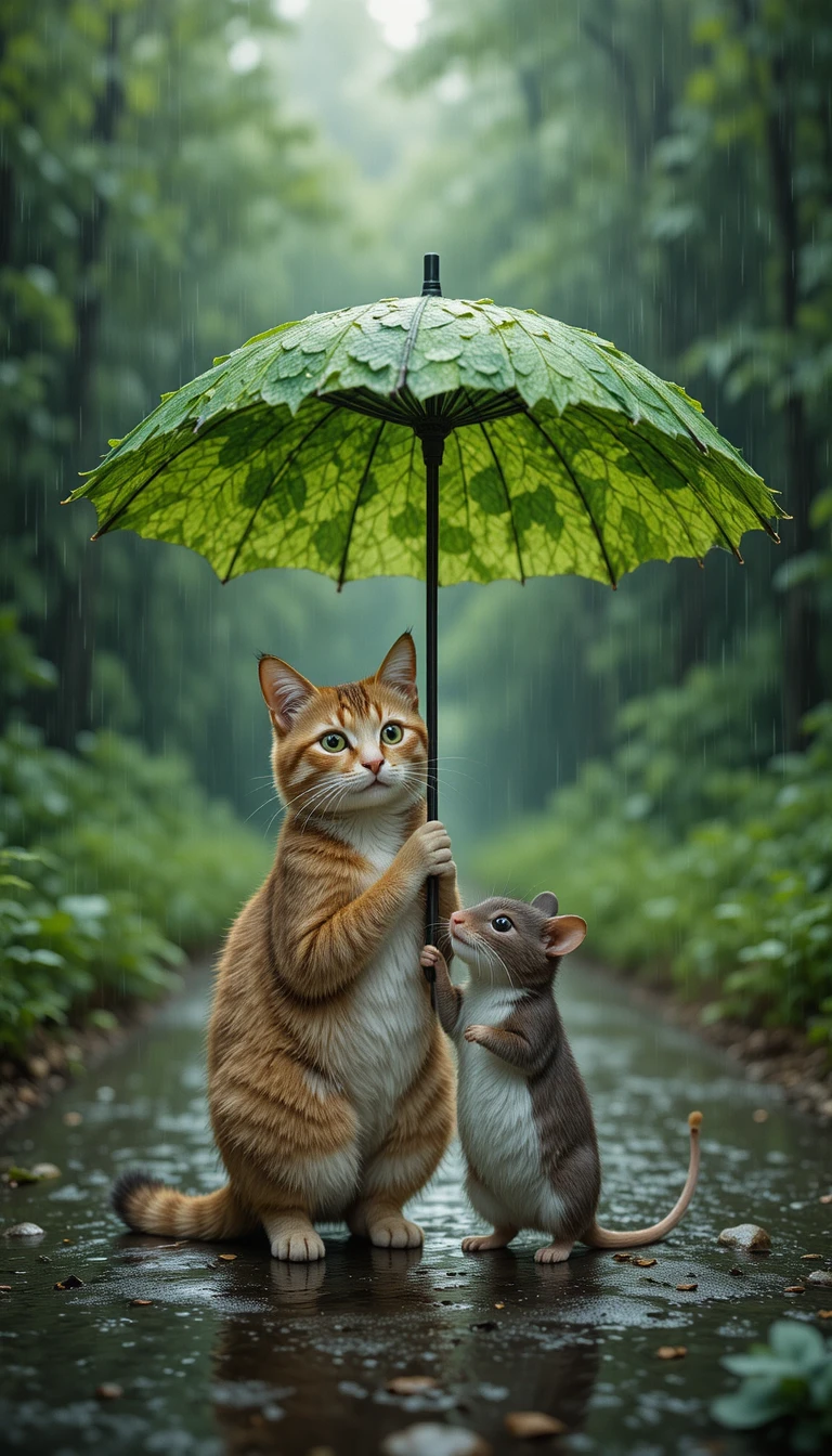 Cat and mouse sharing a leafy umbrella on a rainy road