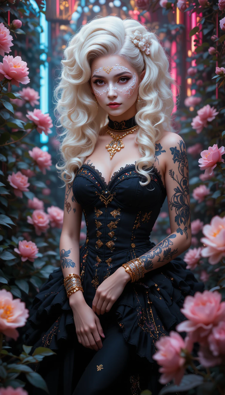 Neo rococo fashion muse in powdered wig among peonies