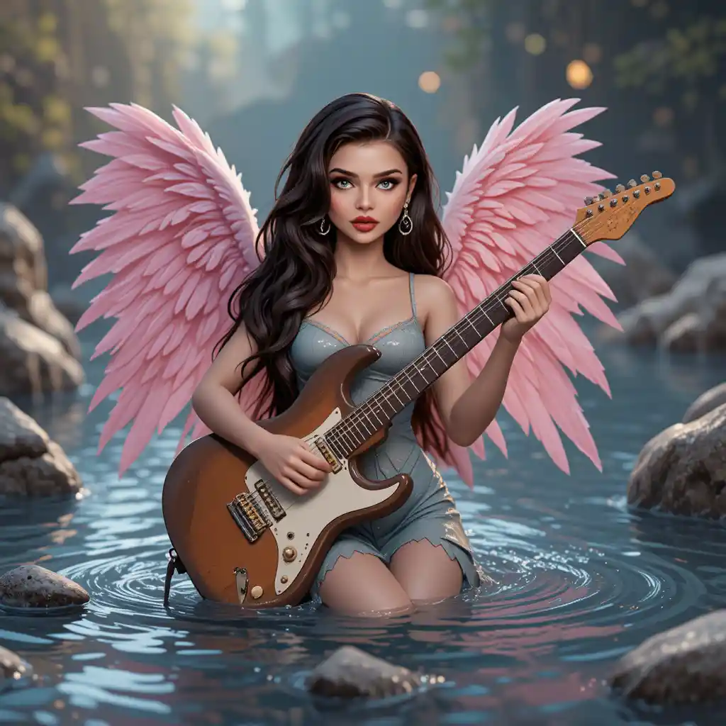 Pink winged woman playing guitar while standing in water