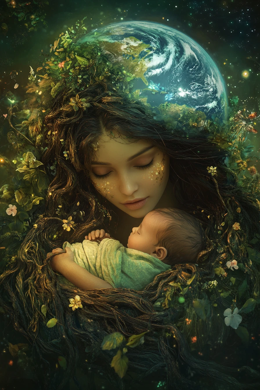 Earth goddess cradling a newborn amid living forests