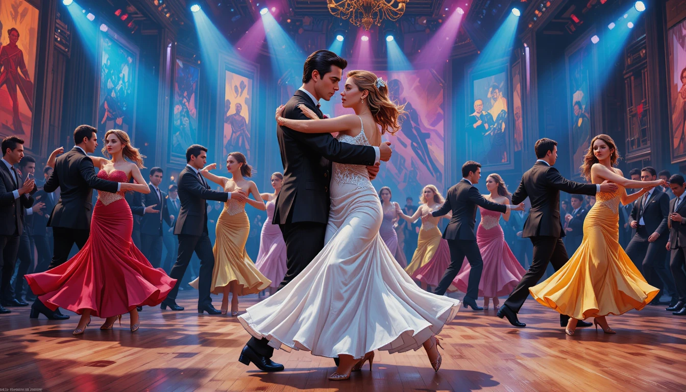 Elegant ballroom tango dancers performing on a bright stage