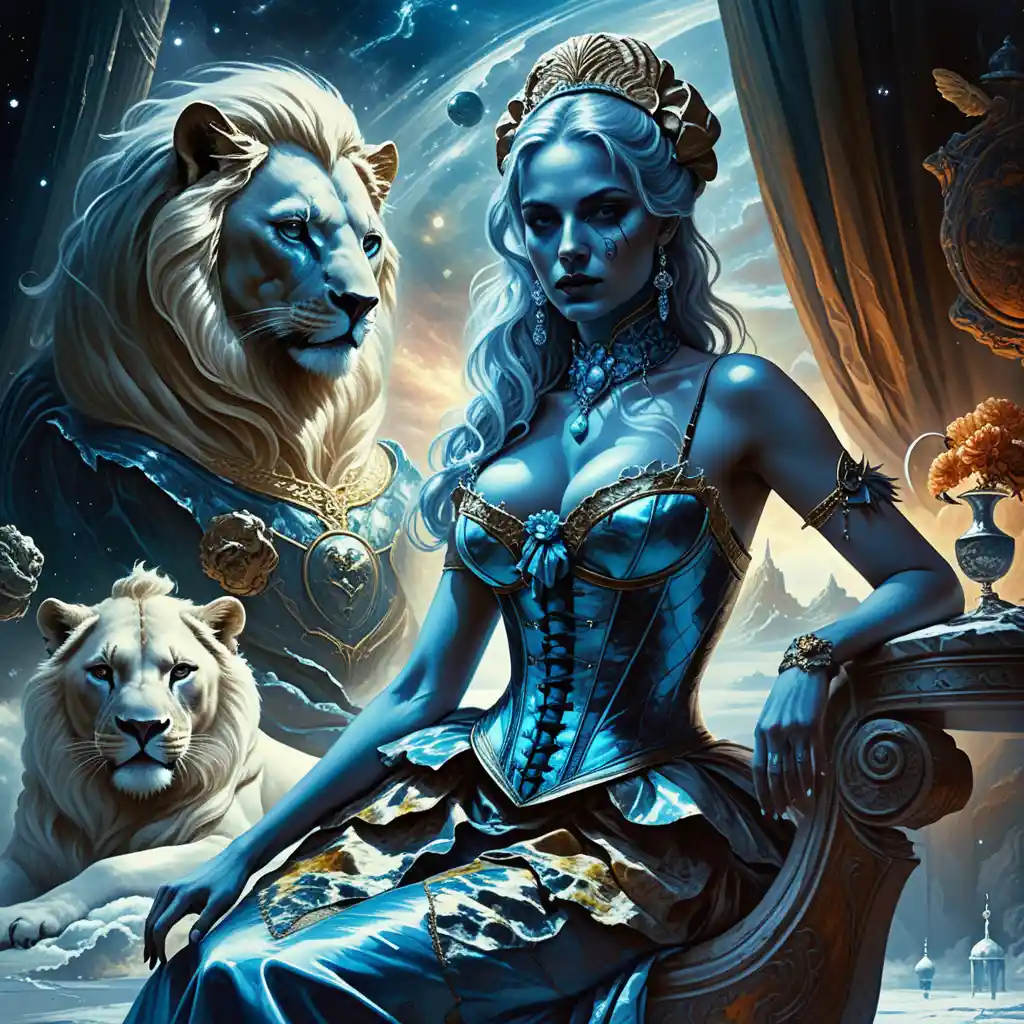 Fantasy duchess with white lion in ornate boudoir