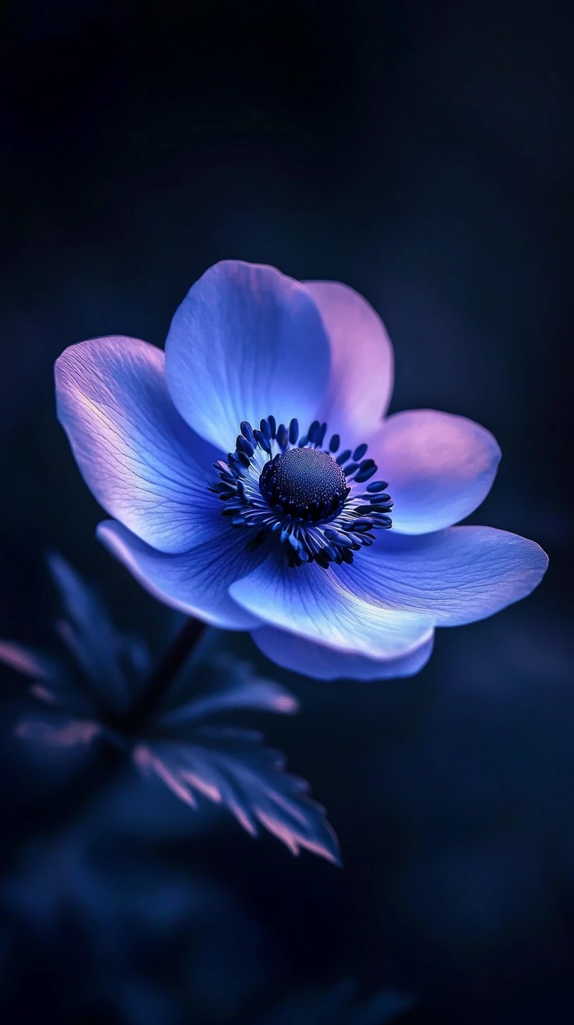 Macro portrait of a blue anemone with dark eye like center