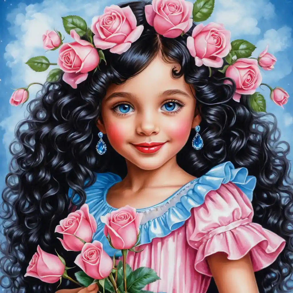 Smiling girl with pink roses in a glittering dress
