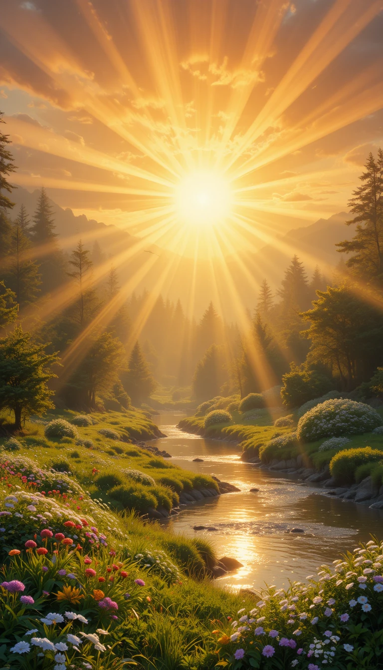 Golden sunlight over flowers by a clear forest river