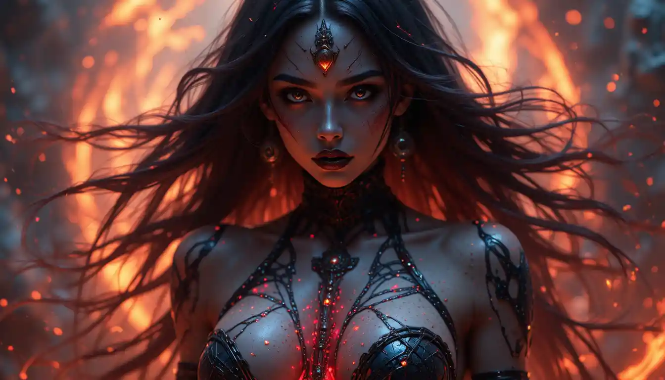 Dark eyed woman with crimson streaked hair and glowing belly